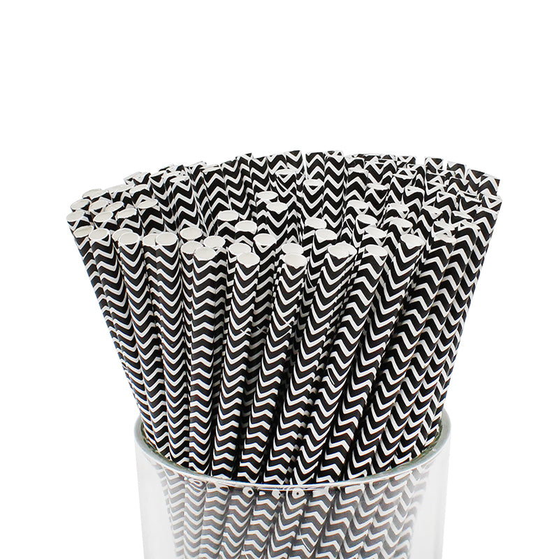 Black Chevron Striped Paper Straw