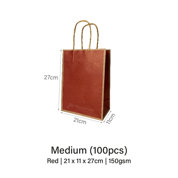 21 x 11 x 27cm Red with Brown Border Paper Bag (10pcs)
