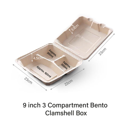 3-Compartment Clamshell Sugarcane Lunch Box