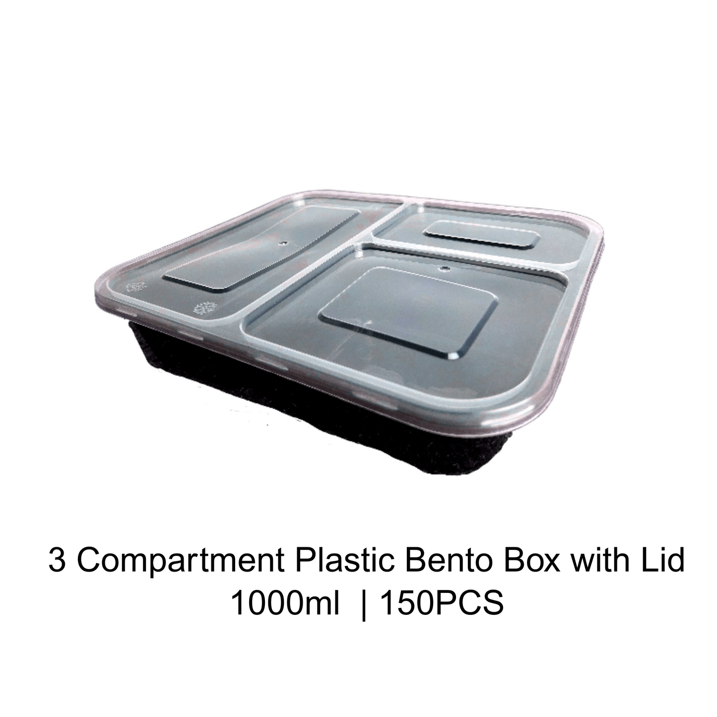 3 Compartment Plastic Bento Box with Lid - 1000ML