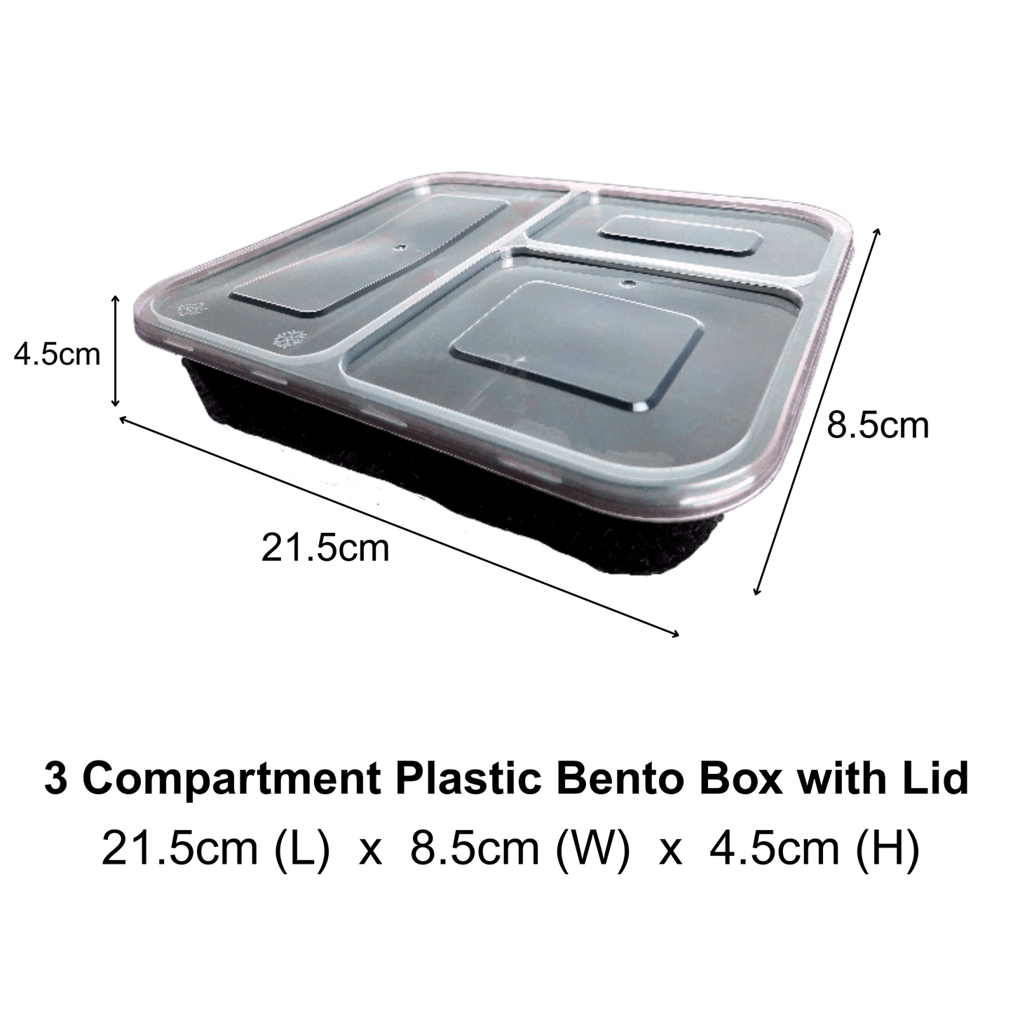 3 Compartment Plastic Bento Box with Lid - 1000ML