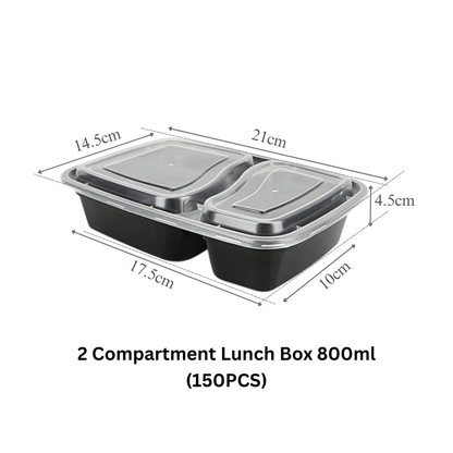 2 Compartment Plastic Bento Box 800ml With Lids