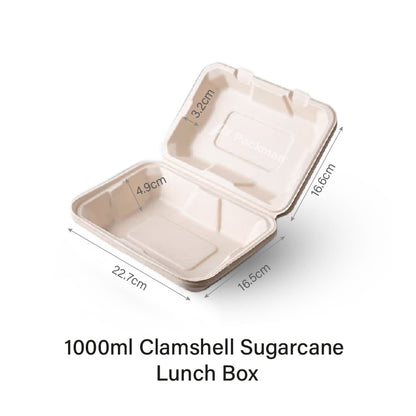1000ml Clamshell Sugarcane Lunch Box