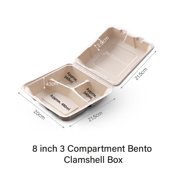 8 inch 3-Compartment Clamshell Sugarcane Lunch Box