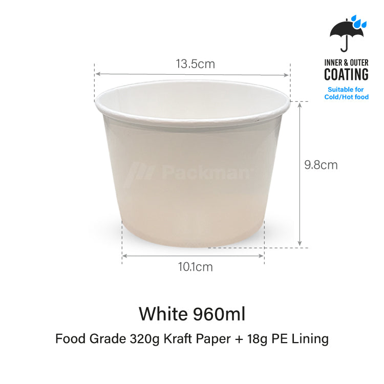 960ml White Double-Coated Kraft Bowl (50pcs)