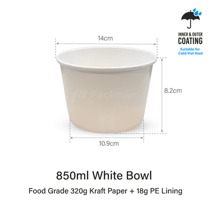 850ml White Double-Coated Kraft Bowl