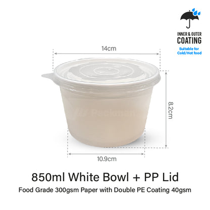 850ml White Double-Coated Kraft Bowl