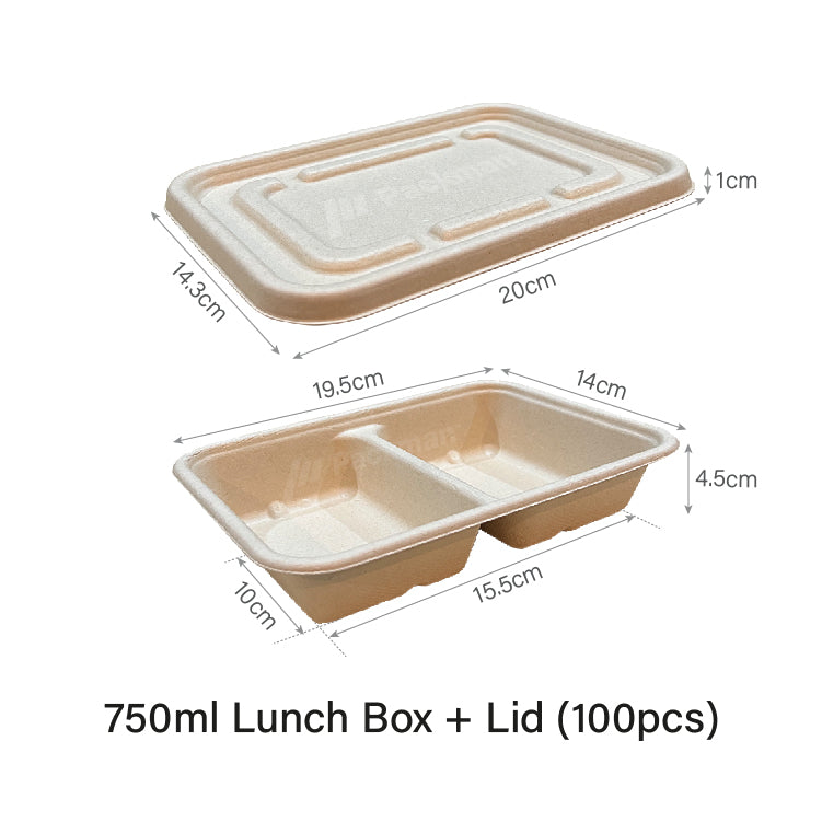 750ml Sugarcane 2-Compartment Lunch Box